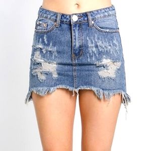 Distressed Destroyed Raw Hem Denim Micro Mini Skirt